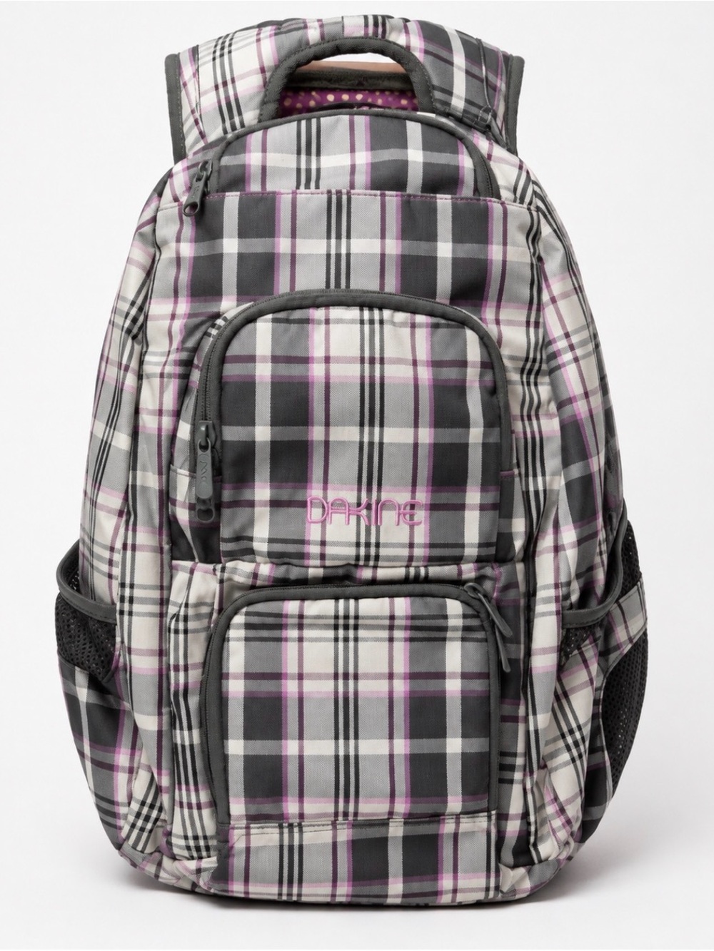 Dakine Plaid Backpack Grey Pink Purple Multi-Pocket School Travel Bag